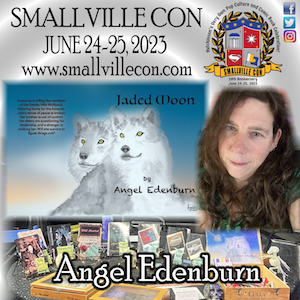 Angel Edenburn with some of her novels and the cover of Jaded Moon