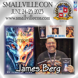 James Berg holding copies of his books in a convention booth