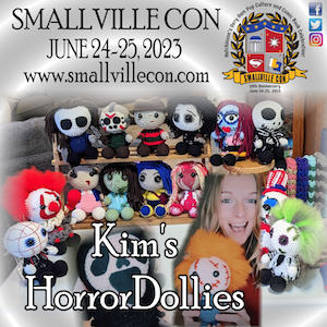 Kimberly Wilson with some of her crocheted horror movie-themed dolls