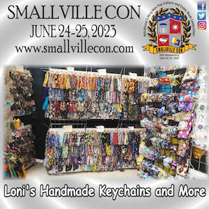 Display of keychains and handmade items from a convention booth