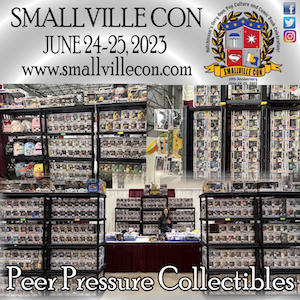 Peer Pressure Collectibles' merchandise on shelves in booth at a convention