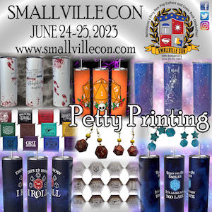 Collage of Petty Printing's fandom items including Pop Culture and Gaming themed tumblers and earrings