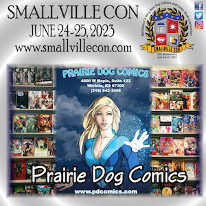Prairie Dog Comics poster in front of shelves displaying comic books