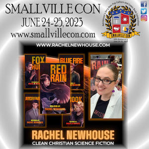 Rachel Newhouse with covers of books from her Christian sci-fi series Red Rain
