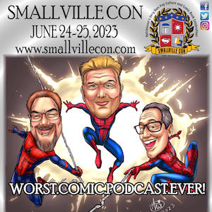 Caricature artwork of the three men who create the Worst Comics Podcast Ever
