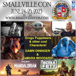 Dawn Dininger and TaMara Woodard with images of the Grogu puppet and other characters they brought to life